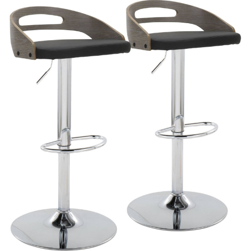 Cassis Adjustable Swivel Bar Stool in Chrome, Black Leatherette & Light Grey Wood Back (Set of 2)